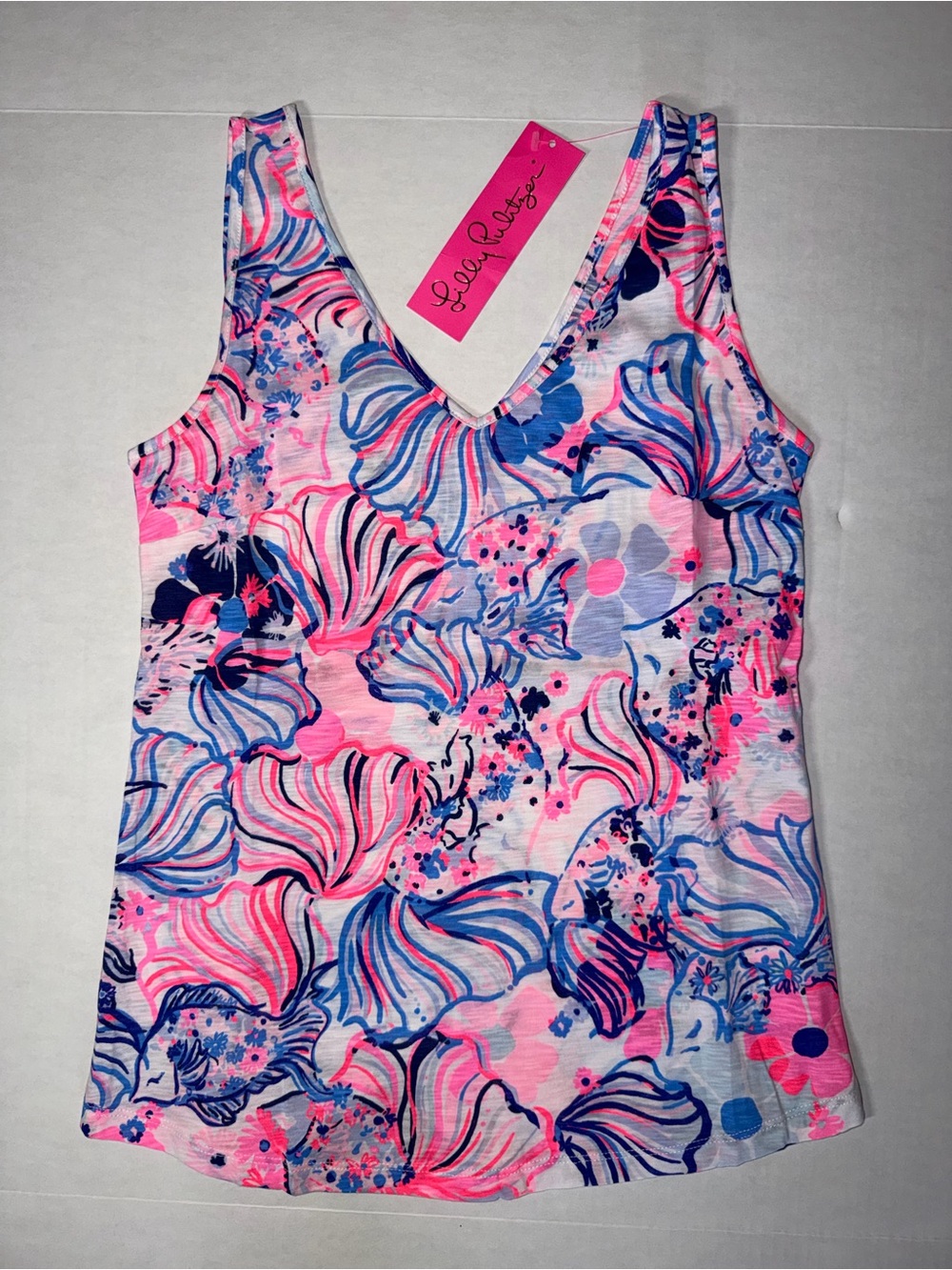 Lilly Pulitzer Neon Pink & Blue Floral V-Neck Tank